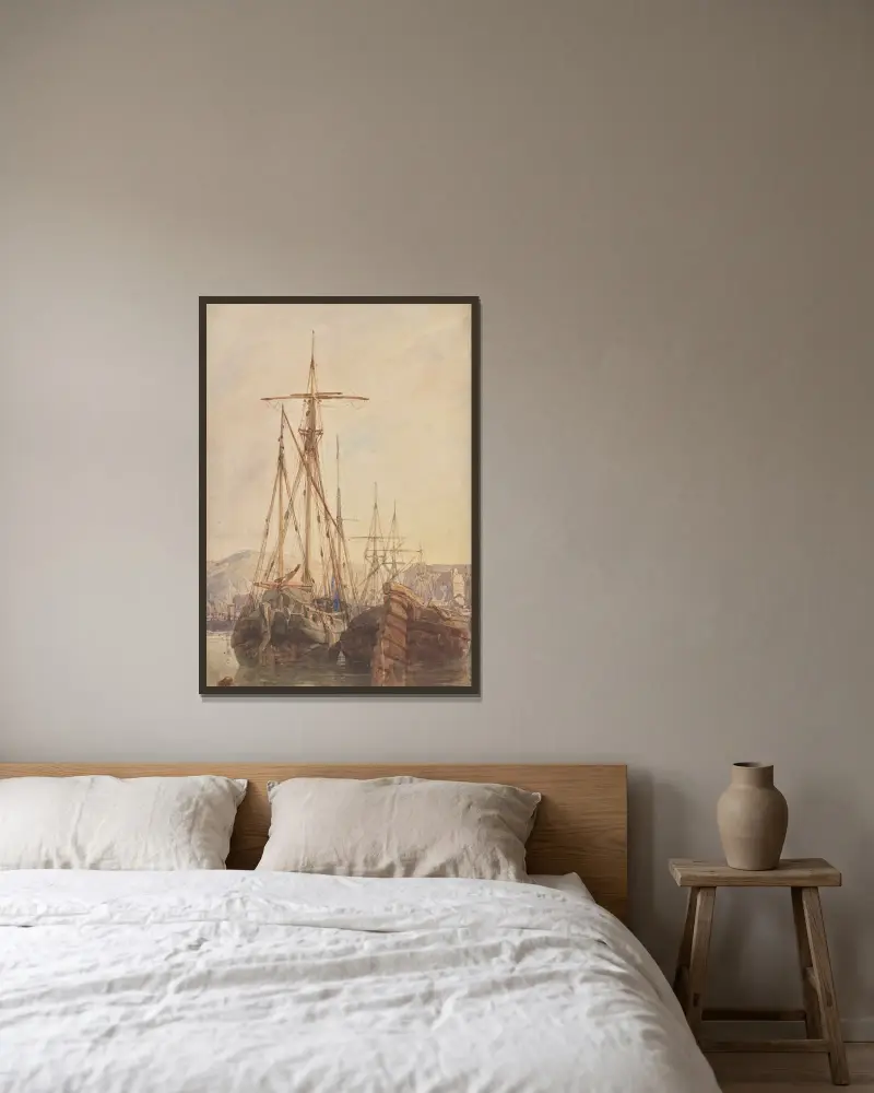 Fischerboote vor Anker, Boulogne, Frankreich von Richard Parkes Bonington gerahmt an einer Wand