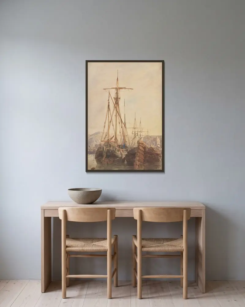 Fischerboote vor Anker, Boulogne, Frankreich von Richard Parkes Bonington gerahmt an einer Wand