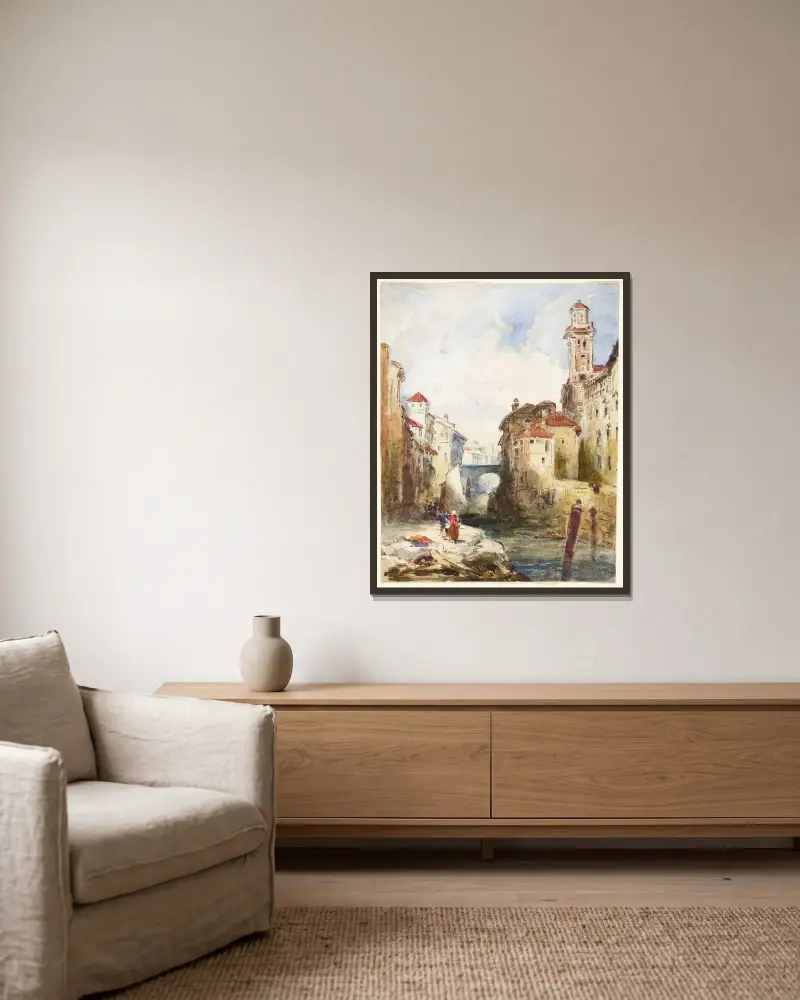 Fransk stad, byggnader och flod av Richard Parkes Bonington inramad på en vägg