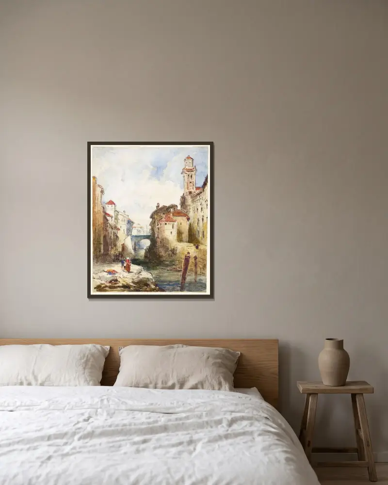 Fransk stad, byggnader och flod av Richard Parkes Bonington inramad på en vägg