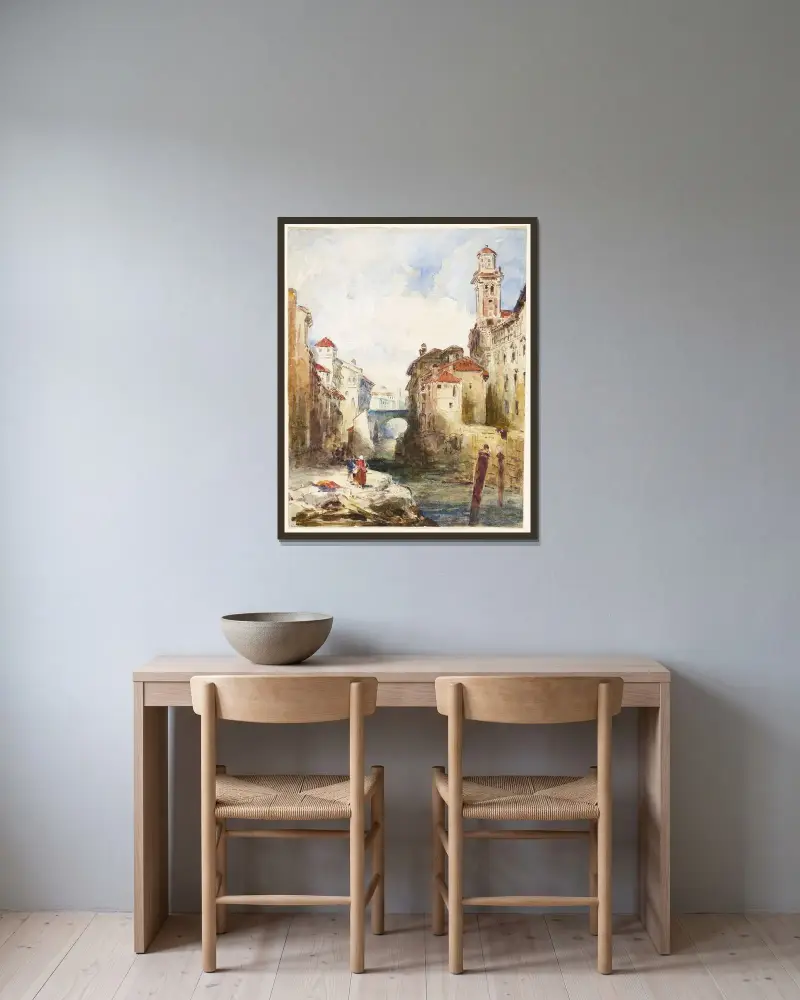 Fransk stad, byggnader och flod av Richard Parkes Bonington inramad på en vägg
