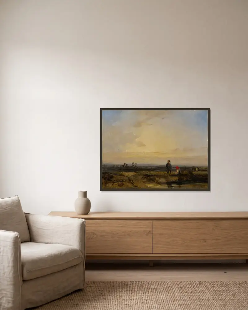 Landskap med solnedgång och figurer vid en damm av Richard Parkes Bonington inramad på en vägg