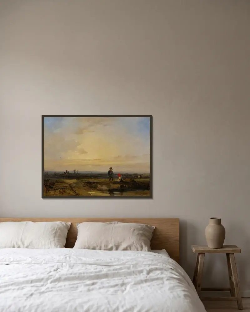 Landskap med solnedgång och figurer vid en damm av Richard Parkes Bonington inramad på en vägg