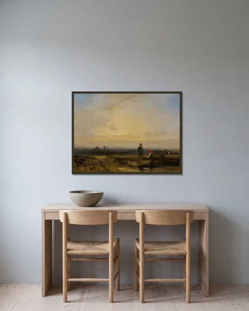 Landskap med solnedgång och figurer vid en damm av Richard Parkes Bonington inramad på en vägg