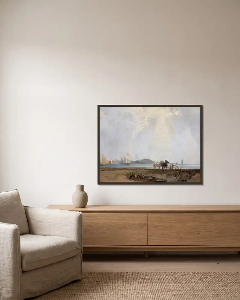 Bei Quillebeuf von Richard Parkes Bonington gerahmt an einer Wand