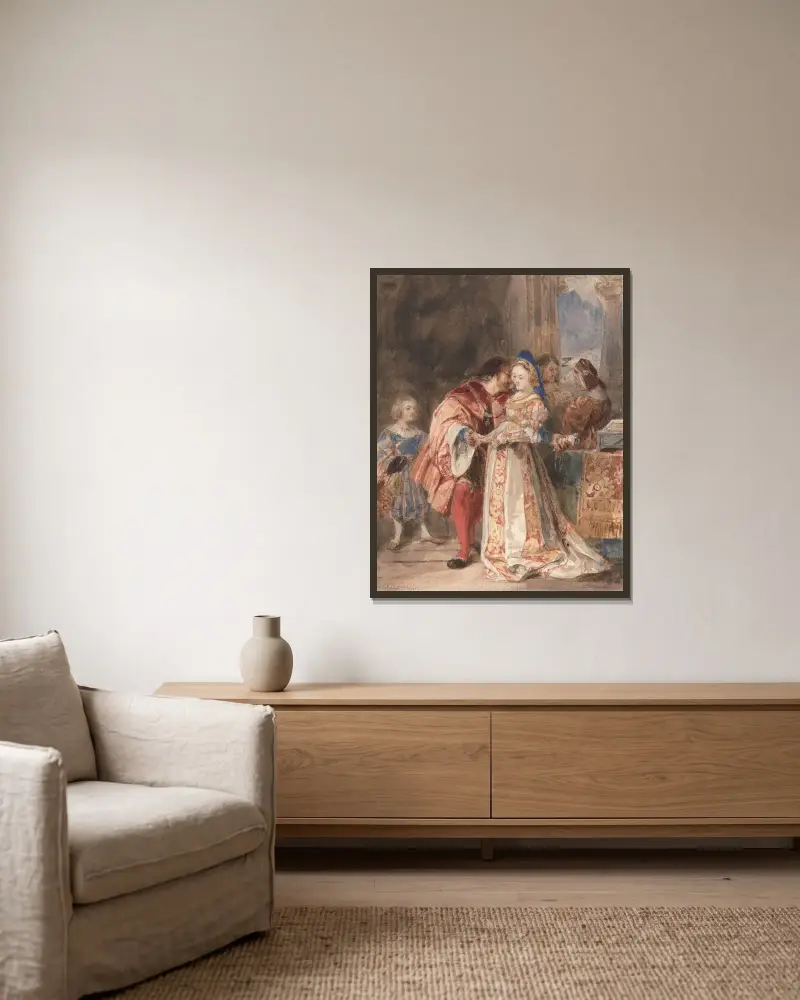 Portia och Bassanio av Richard Parkes Bonington inramad på en vägg