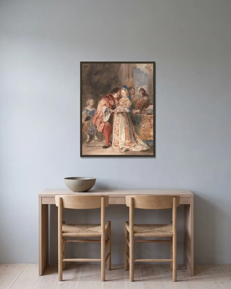 Portia och Bassanio av Richard Parkes Bonington inramad på en vägg