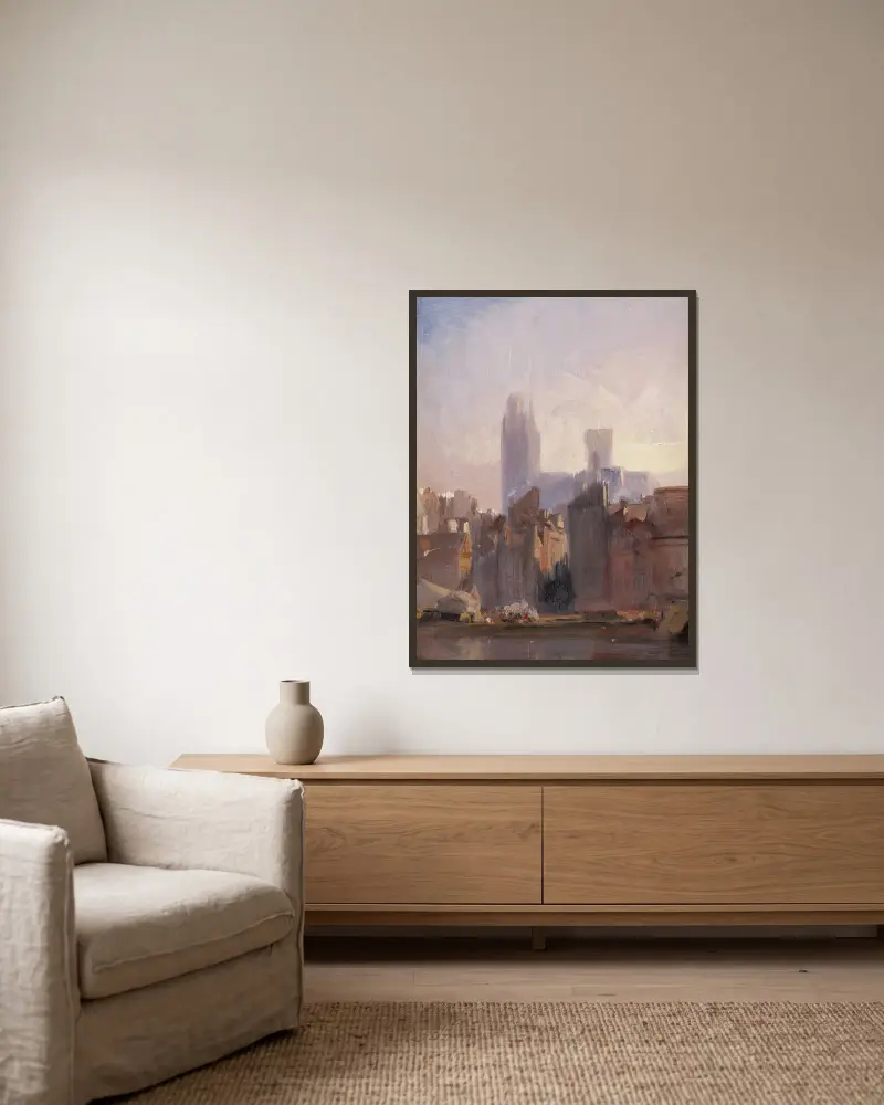 Rouen Cathedral, Sunrise av Richard Parkes Bonington inramad på en vägg