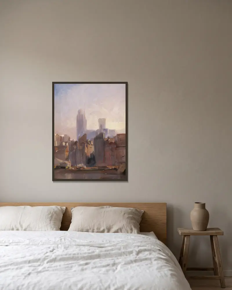 Rouen Cathedral, Sunrise av Richard Parkes Bonington inramad på en vägg