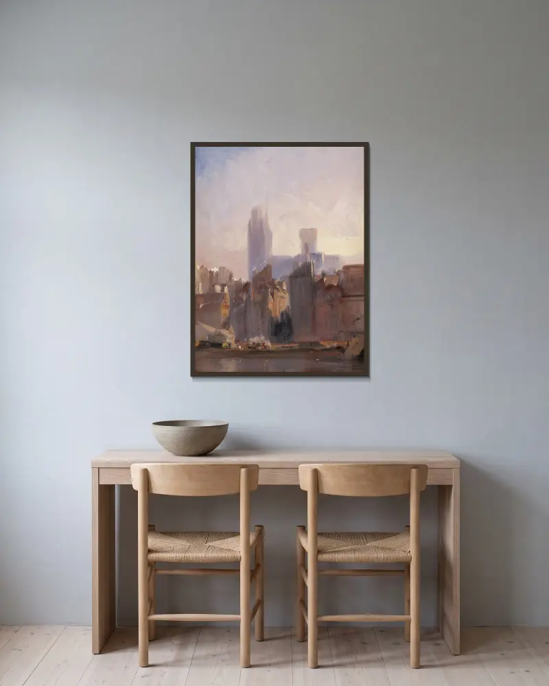 Rouen Cathedral, Sunrise av Richard Parkes Bonington inramad på en vägg