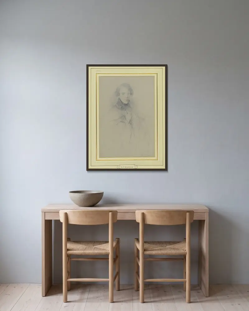 Selbstbildnis im Mantel, Kniestück von Richard Parkes Bonington gerahmt an einer Wand