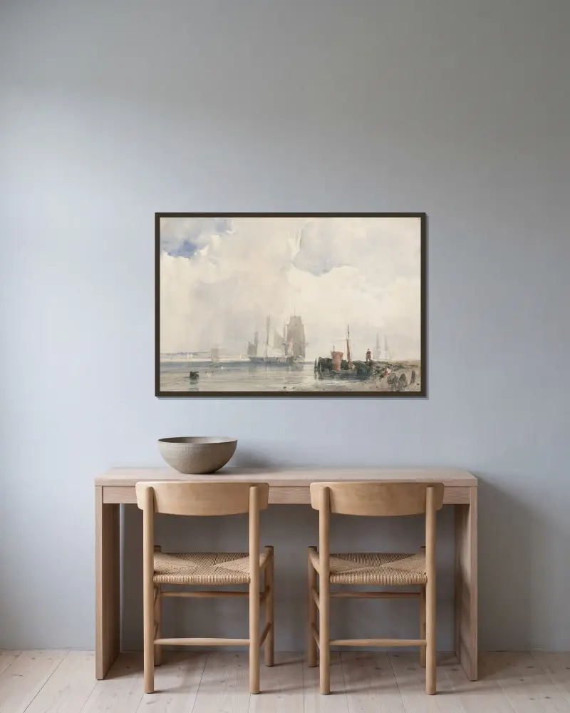 Shipping in an Estuary, Probably near Quilleboeuf av Richard Parkes Bonington inramad på en vägg