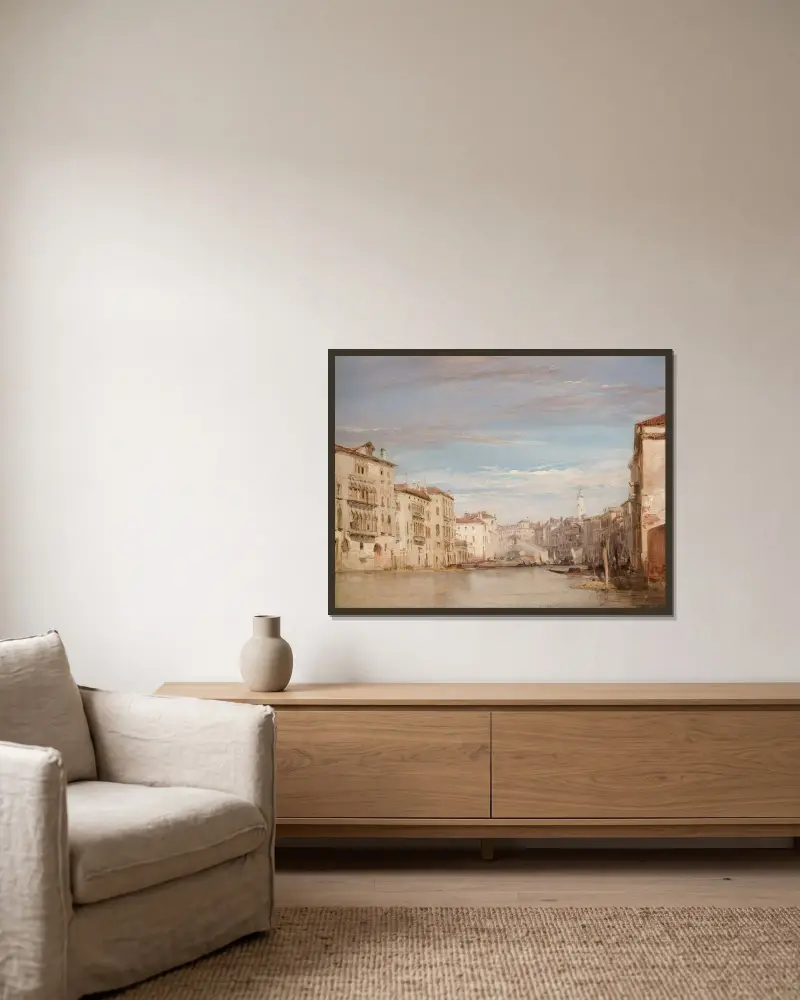 Canal Grande i Venedig, mot Rialto av Richard Parkes Bonington inramad på en vägg