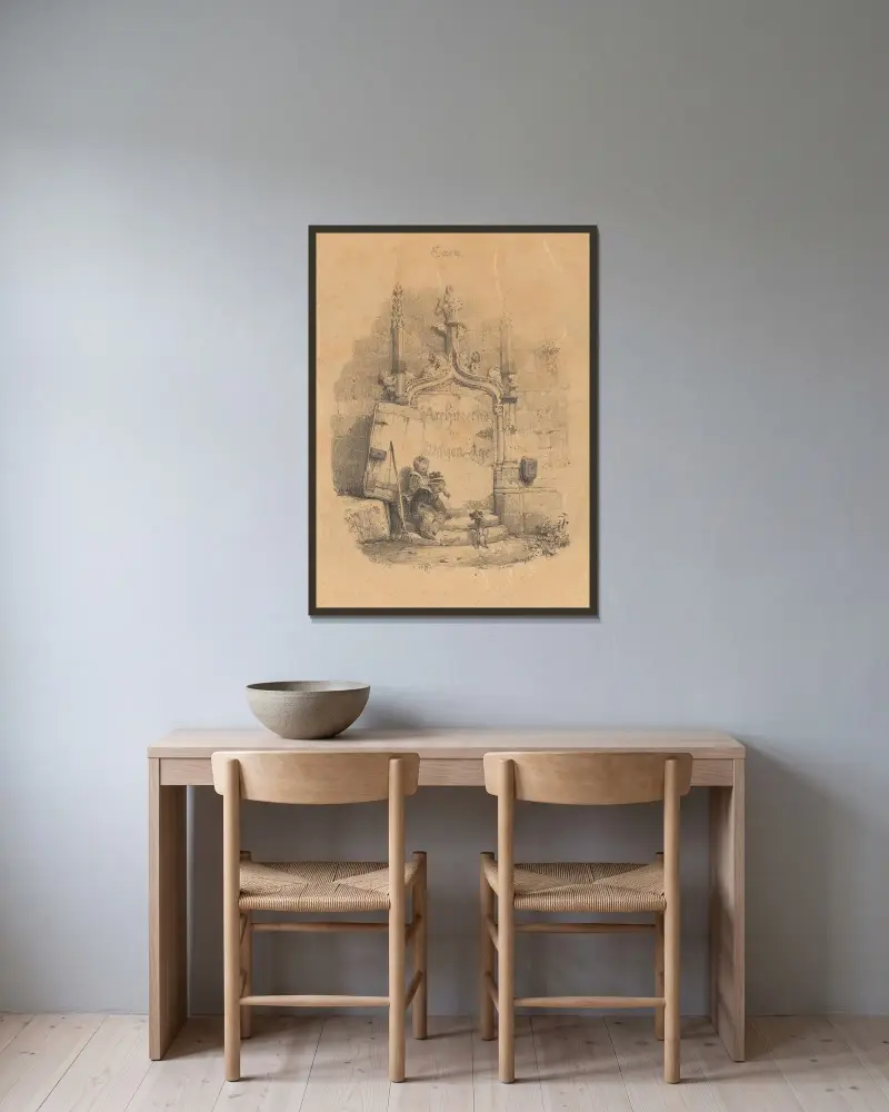Titelsida till Restes et Fragments av Richard Parkes Bonington inramad på en vägg