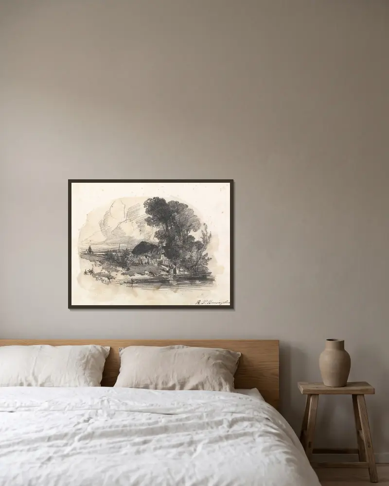 Träd och en stuga vid en flod av Richard Parkes Bonington inramad på en vägg