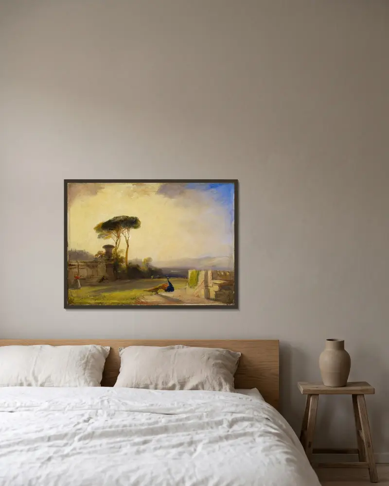 Vy över en villas trädgård nära Florens av Richard Parkes Bonington inramad på en vägg