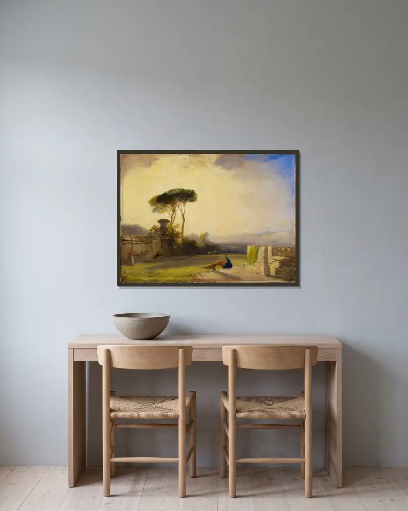 Vy över en villas trädgård nära Florens av Richard Parkes Bonington inramad på en vägg