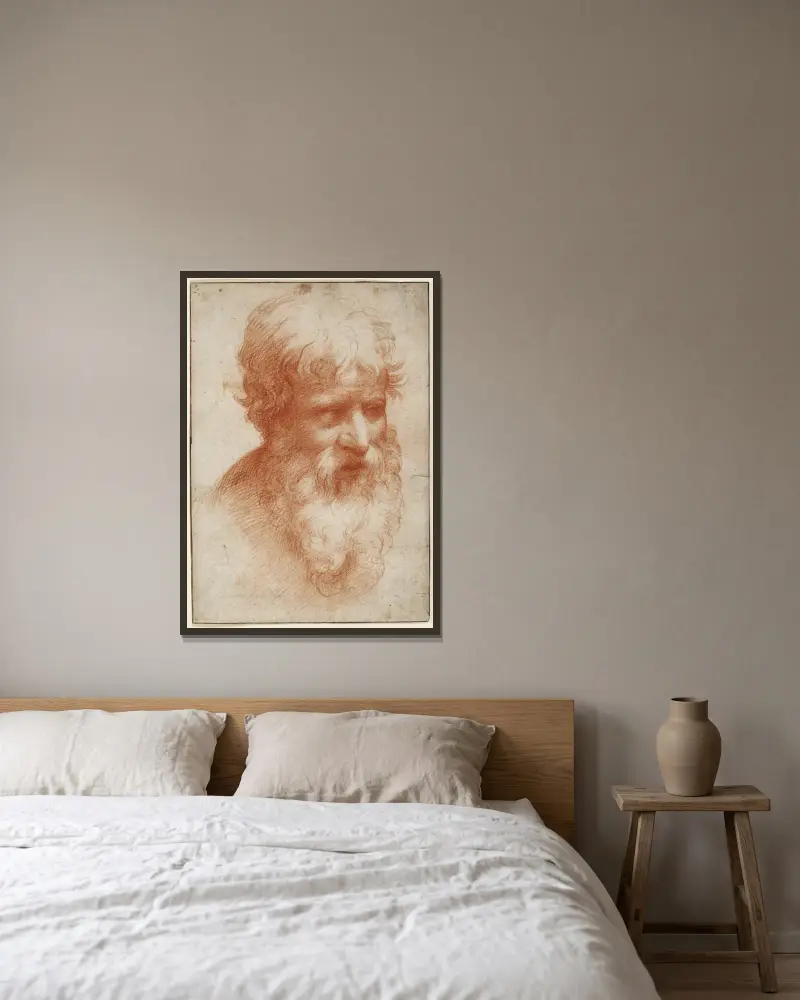 Head of a Bearded Man, looking right av Parmigianino inramad på en vägg