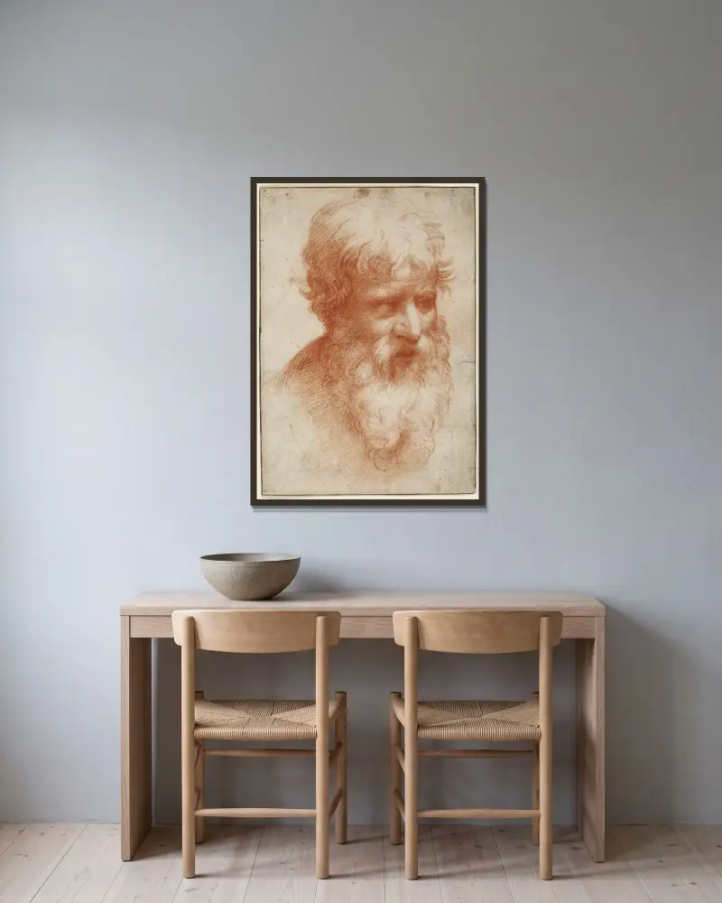 Head of a Bearded Man, looking right av Parmigianino inramad på en vägg