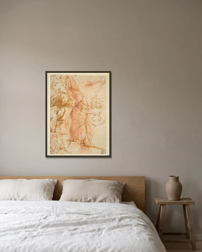 Flera benstudier av putti, inåtgående manlig akt, benstudie och stående figur av Parmigianino inramad på en vägg