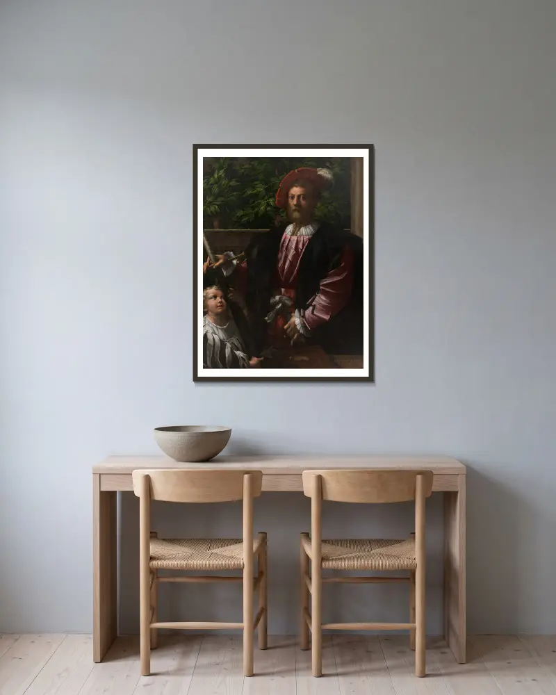 Portrait of Lorenzo Cybo av Parmigianino inramad på en vägg