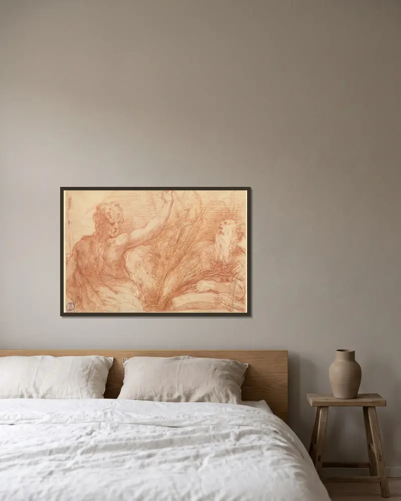 Studier av helgonen Johannes Döparen och Hieronymus, ett krucifix och olika huvuden av Parmigianino inramad på en vägg