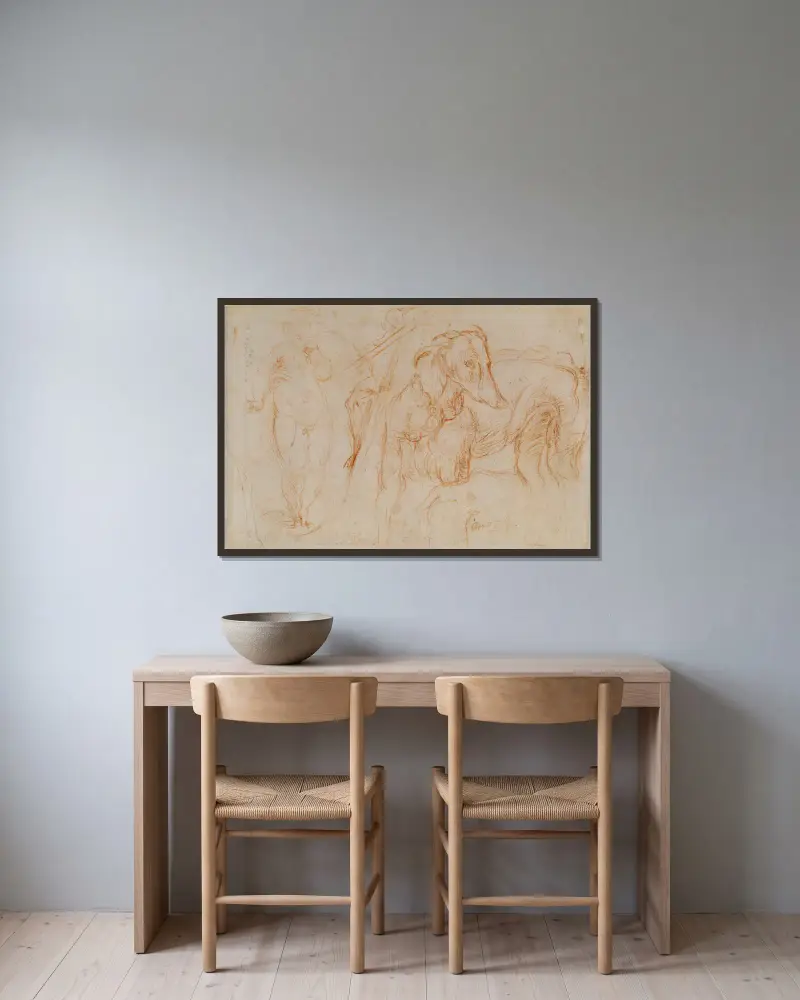 Studier av Jesusbarnet, ett krucifix och en hund av Parmigianino inramad på en vägg