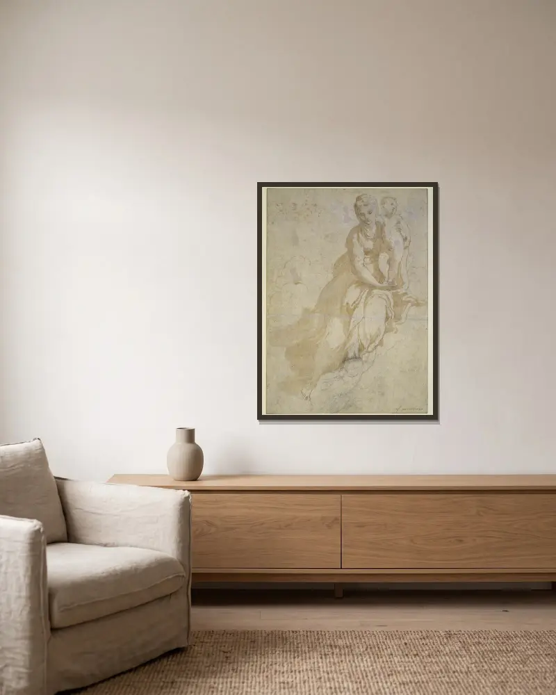 Study of the Madonna and Child av Parmigianino inramad på en vägg