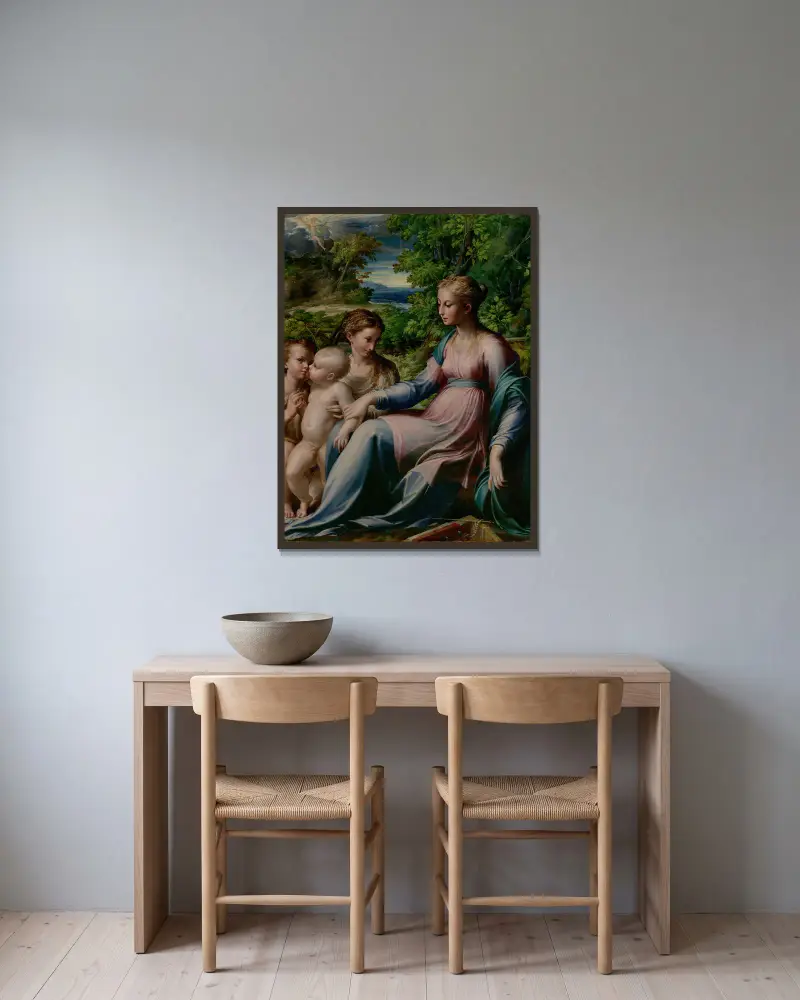 Virgin and Child with Saint John the Baptist and Mary Magdalene av Parmigianino inramad på en vägg
