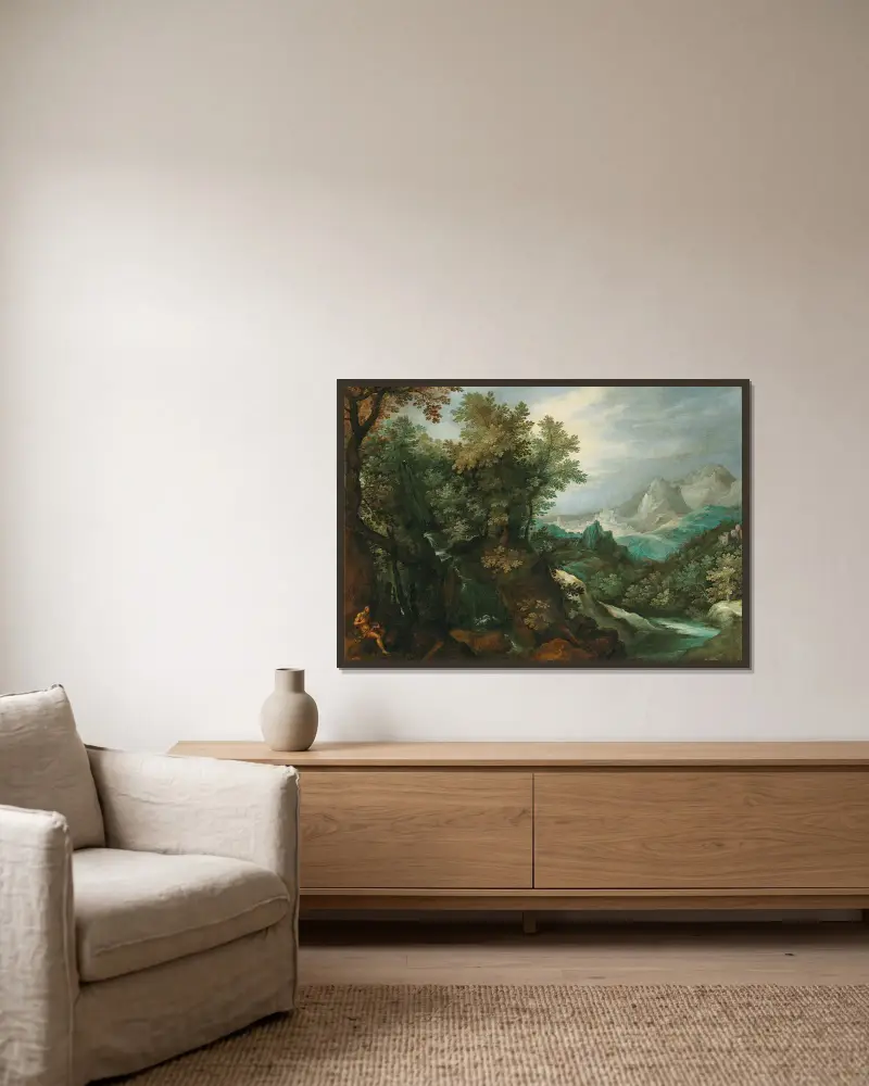 A mountainous river landscape with a hermit av Paul Bril inramad på en vägg