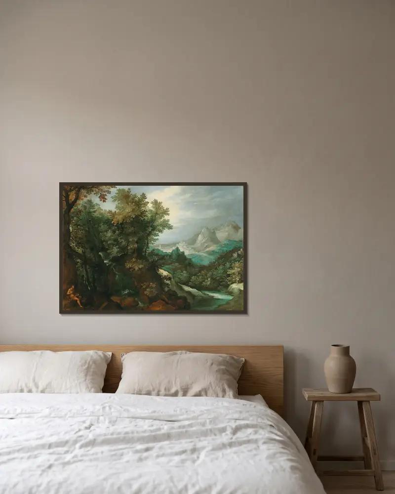 A mountainous river landscape with a hermit av Paul Bril inramad på en vägg