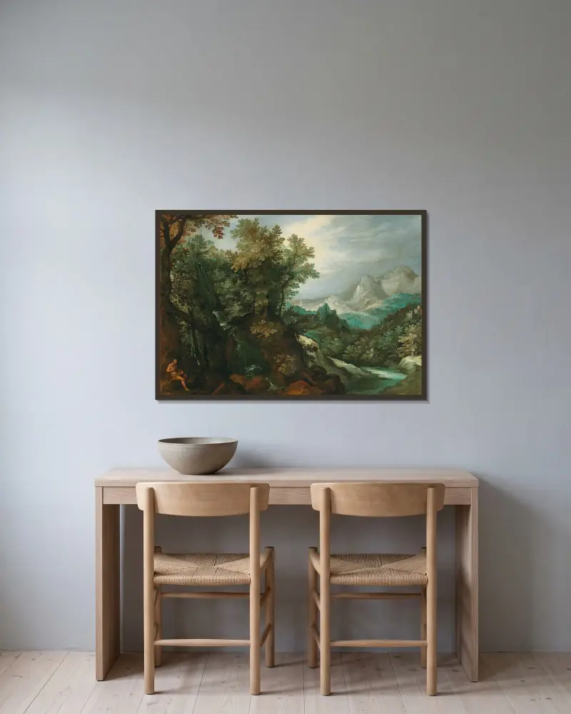 A mountainous river landscape with a hermit av Paul Bril inramad på en vägg