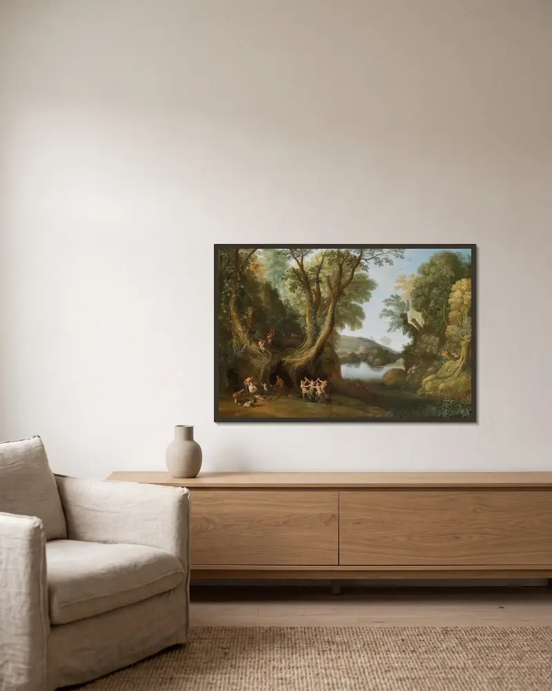 Fauns in a wooded landscape av Paul Bril inramad på en vägg