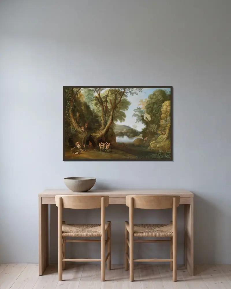 Fauns in a wooded landscape av Paul Bril inramad på en vägg