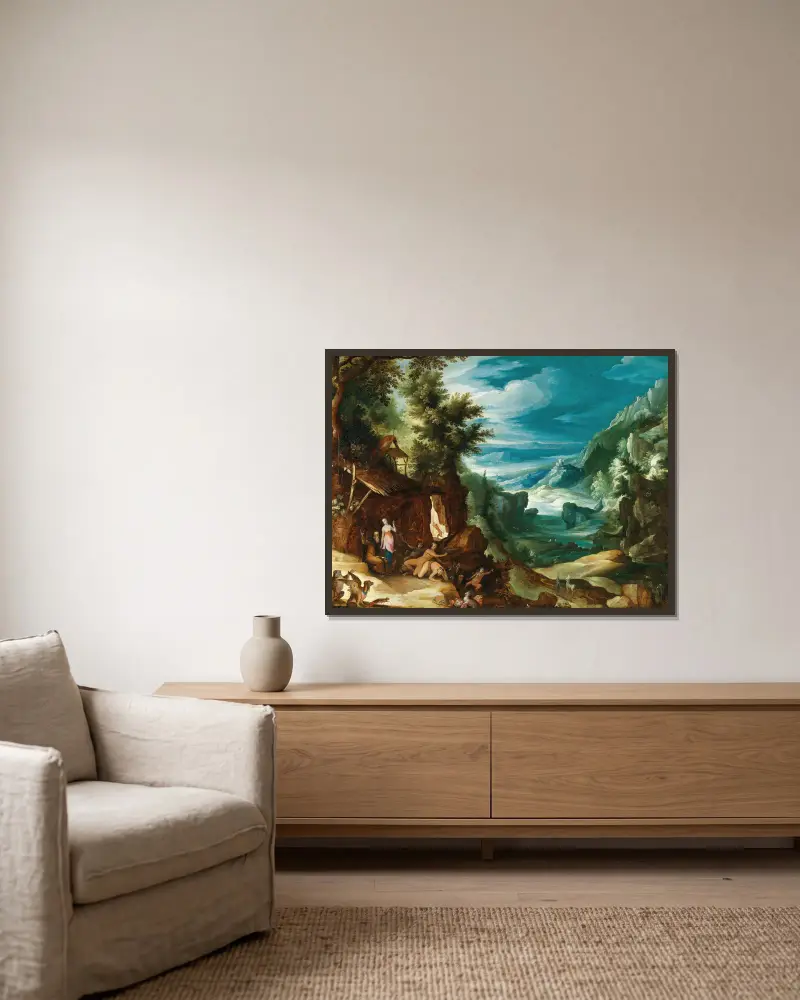 Landscape with the Temptation of Saint Anthony av Paul Bril inramad på en vägg