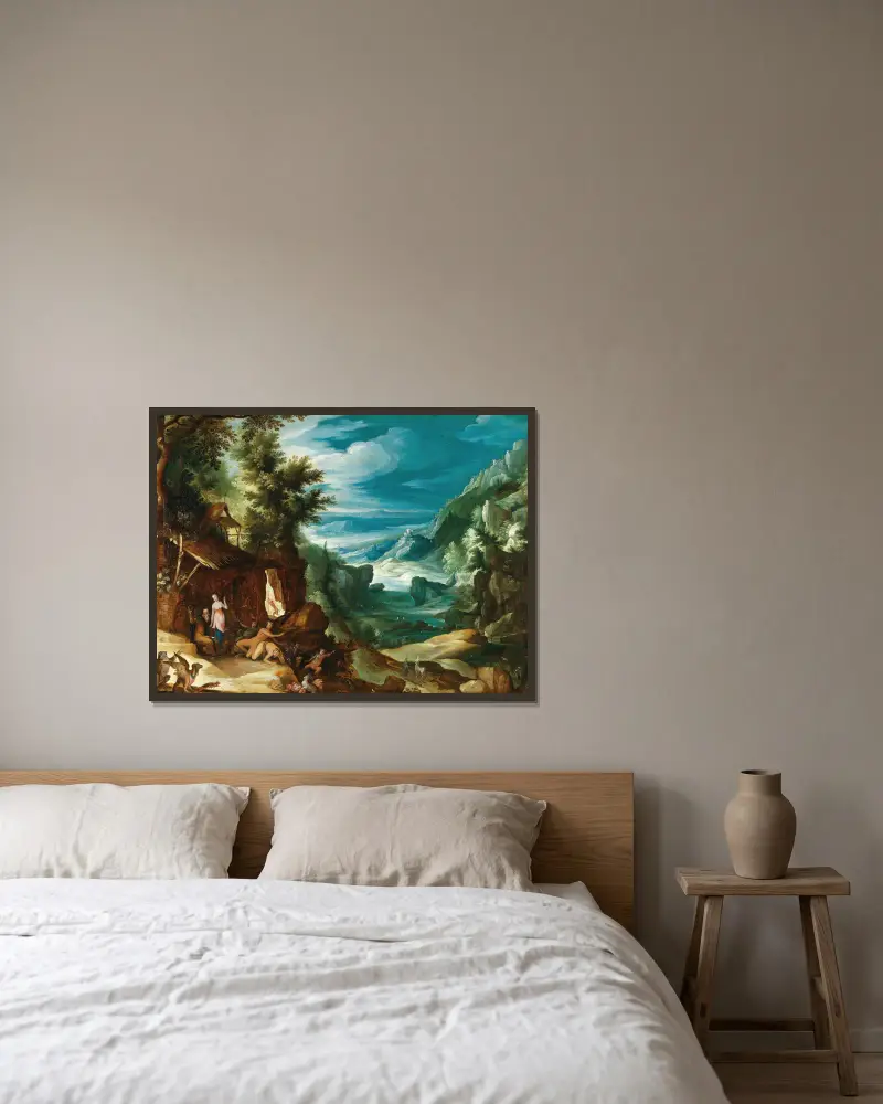 Landscape with the Temptation of Saint Anthony av Paul Bril inramad på en vägg