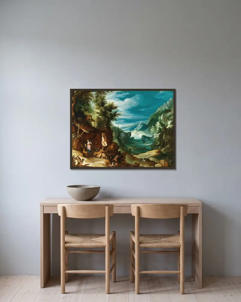 Landscape with the Temptation of Saint Anthony av Paul Bril inramad på en vägg