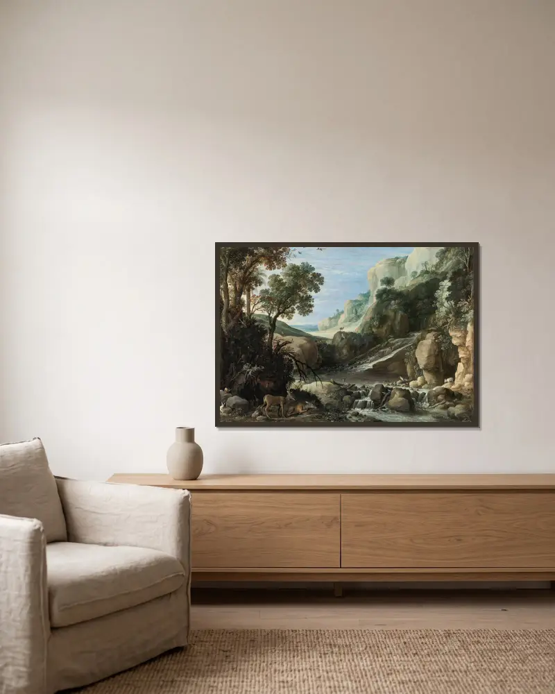 Mountainous Landscape With Wildlife Around A Cascade av Paul Bril inramad på en vägg