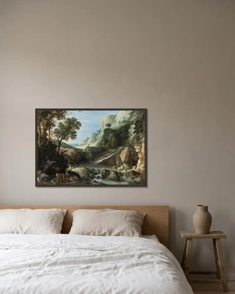 Mountainous Landscape With Wildlife Around A Cascade av Paul Bril inramad på en vägg