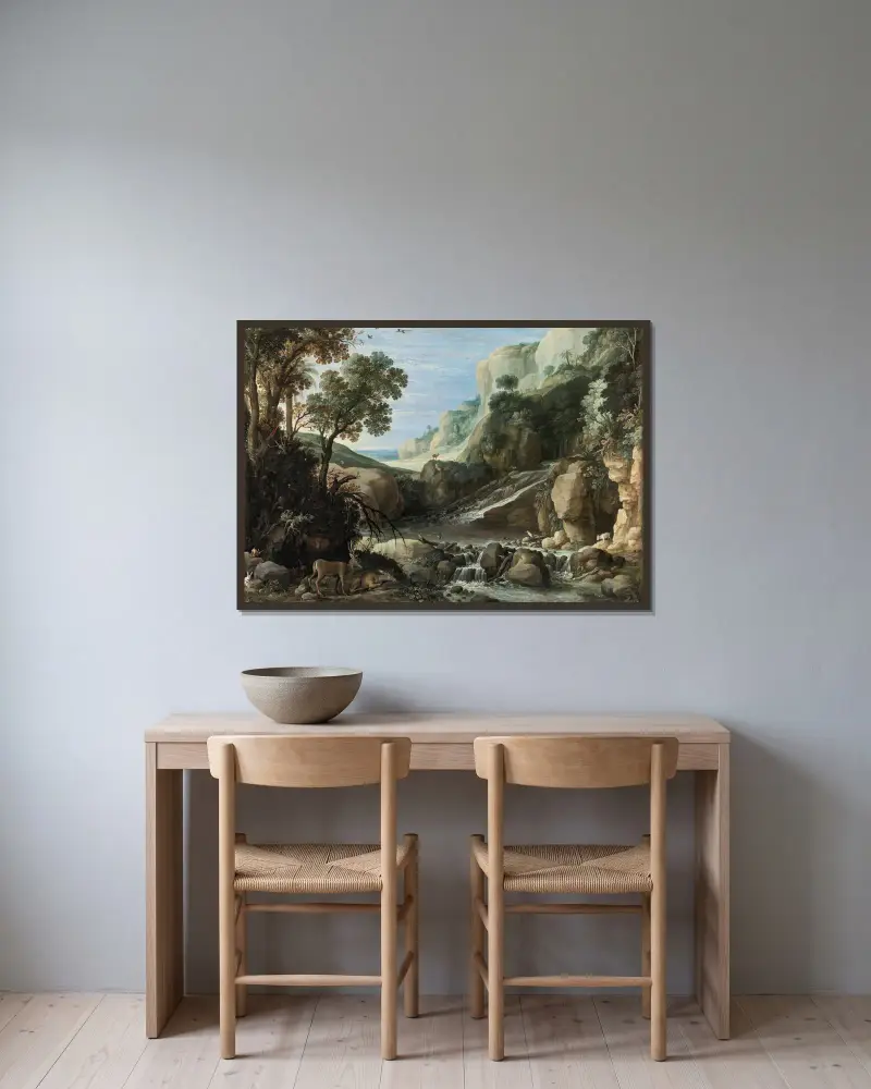Mountainous Landscape With Wildlife Around A Cascade av Paul Bril inramad på en vägg