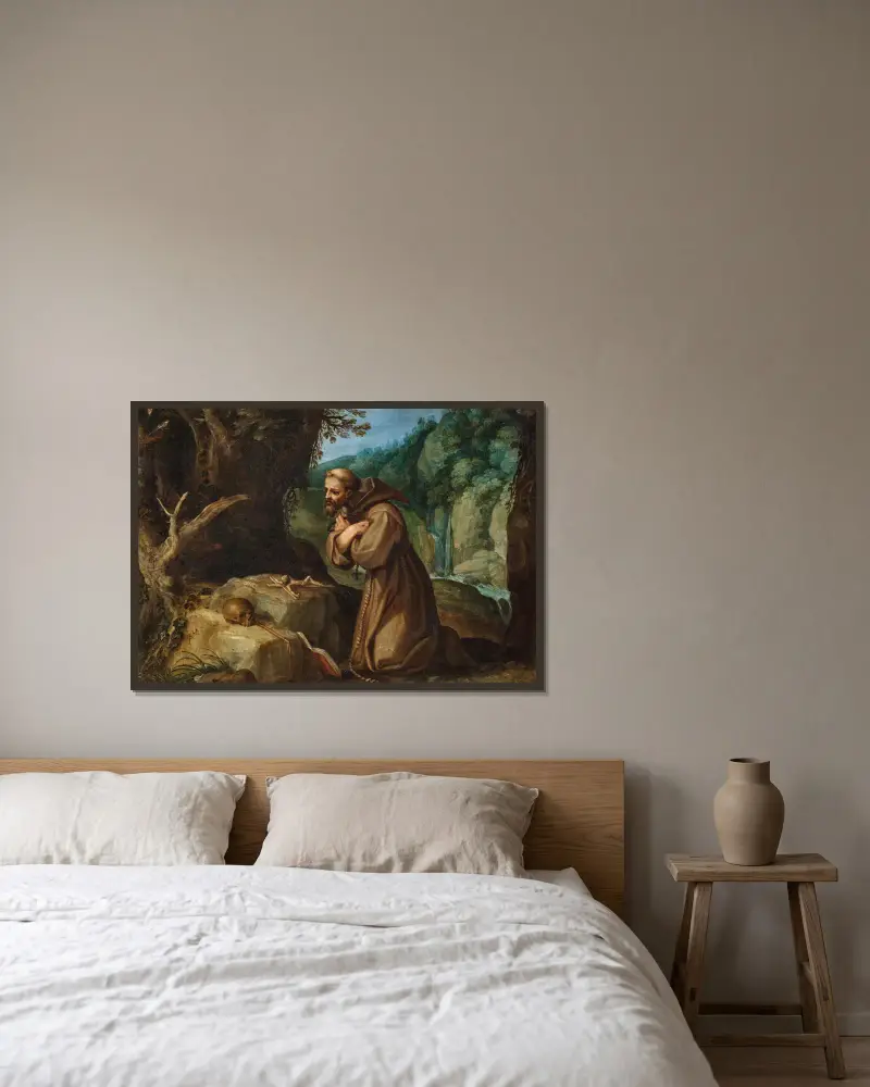 Saint Francis of Assisi in meditation av Paul Bril inramad på en vägg