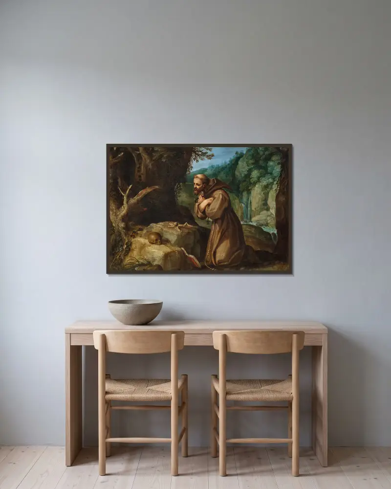 Saint Francis of Assisi in meditation av Paul Bril inramad på en vägg