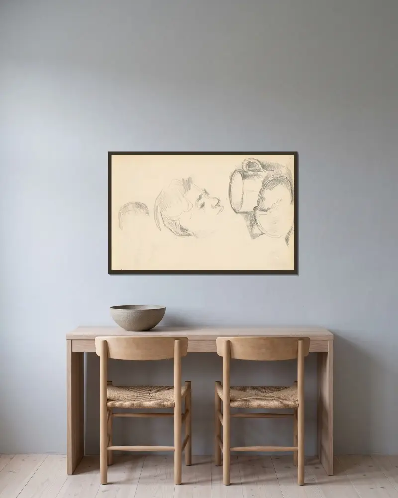 Hlava, šálek a kousek chleba, Paul Cézanne v rámu na stěně
