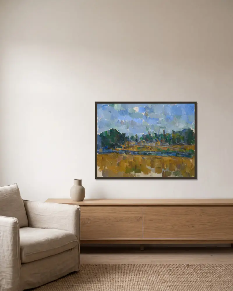 Flodstrand av Paul Cézanne inramad på en vägg