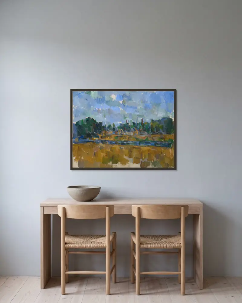 Flodstrand av Paul Cézanne inramad på en vägg