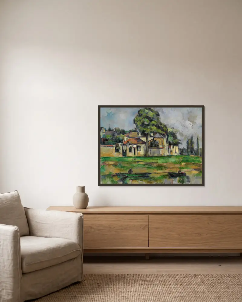 Banks of the Marne av Paul Cézanne inramad på en vägg