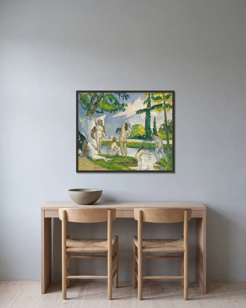 Badende, 1874 von Paul Cézanne gerahmt an einer Wand