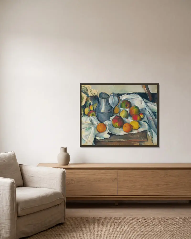 Bouilloire et fruits av Paul Cézanne inramad på en vägg