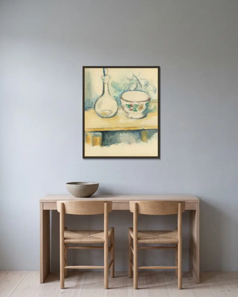 Karaffe und Schale von Paul Cézanne gerahmt an einer Wand