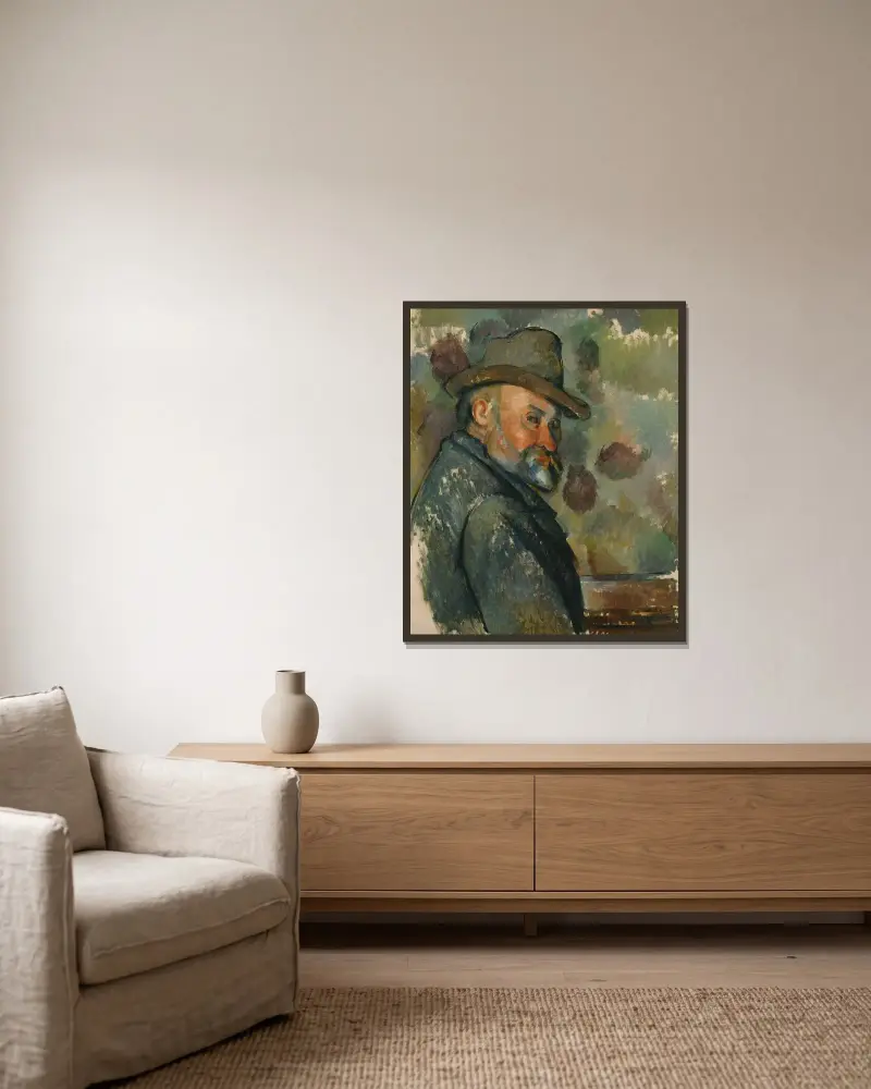 Cézanne coiffé d’un chapeau mou av Paul Cézanne inramad på en vägg